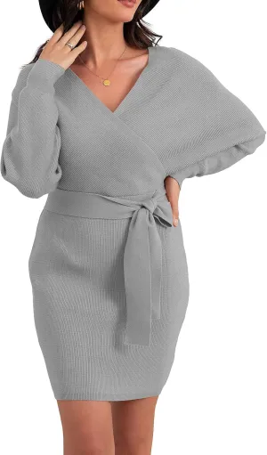 Women'S V Neck Batwing Long Sleeve Sexy Backless Wrap Bodycon Cocktail Pullover Sweater Mini Dress with Belt