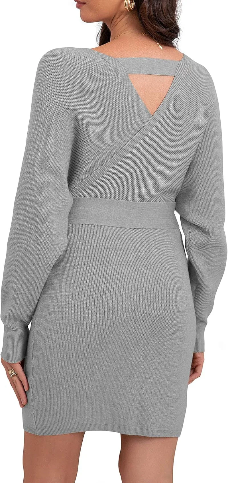 Women'S V Neck Batwing Long Sleeve Sexy Backless Wrap Bodycon Cocktail Pullover Sweater Mini Dress with Belt