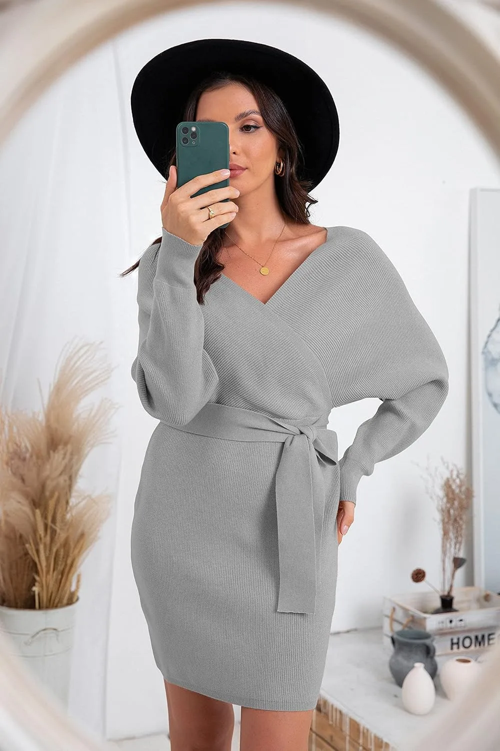 Women'S V Neck Batwing Long Sleeve Sexy Backless Wrap Bodycon Cocktail Pullover Sweater Mini Dress with Belt