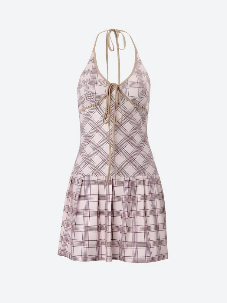 Y2K Plaid Halter Neck Mini Dress