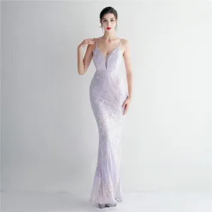 Zephyr Lilac V-Neck Stereo Bead Braces Mermaid Maxi Dress