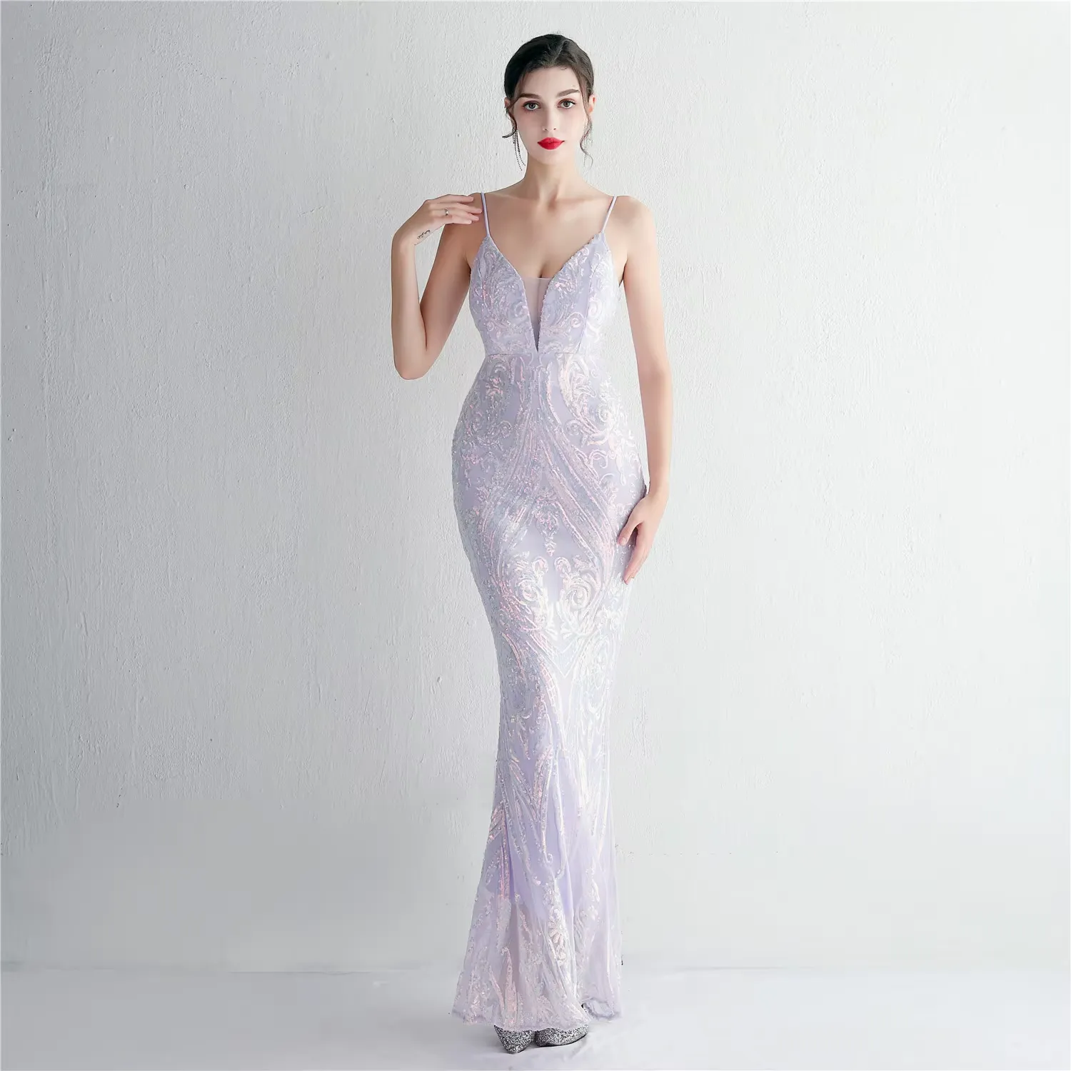 Zephyr Lilac V-Neck Stereo Bead Braces Mermaid Maxi Dress