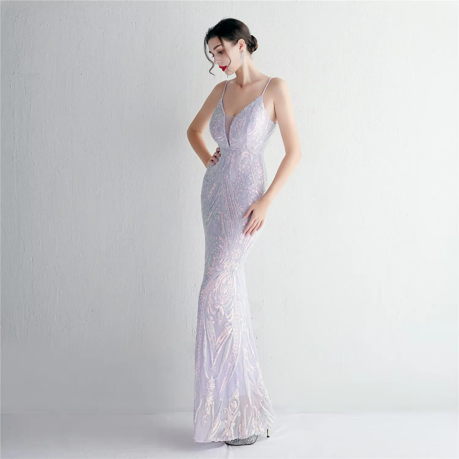 Zephyr Lilac V-Neck Stereo Bead Braces Mermaid Maxi Dress