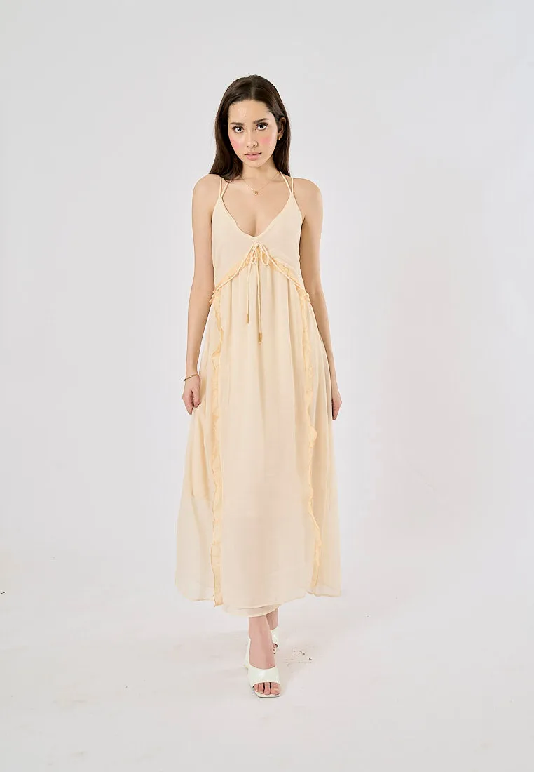 Zeya Beige Halter Sling Contrast Back Hollow Out Midi Dress