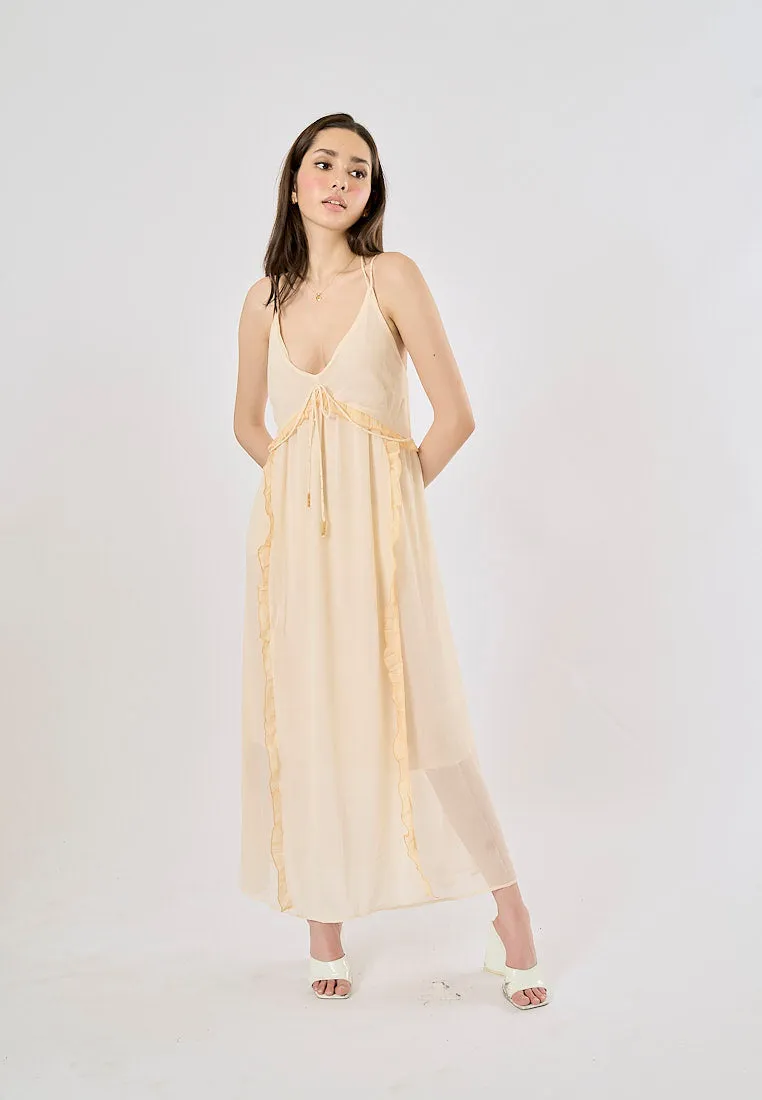 Zeya Beige Halter Sling Contrast Back Hollow Out Midi Dress