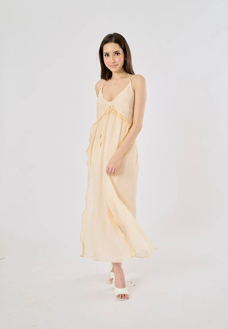 Zeya Beige Halter Sling Contrast Back Hollow Out Midi Dress