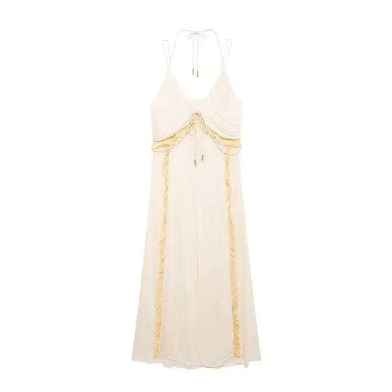 Zeya Beige Halter Sling Contrast Back Hollow Out Midi Dress