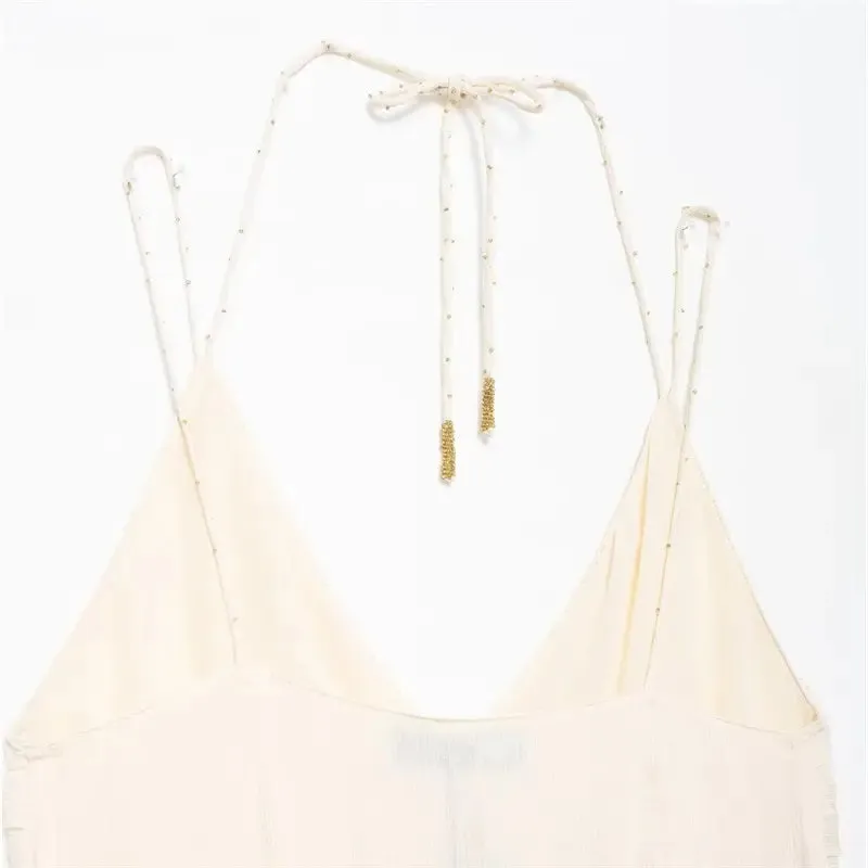 Zeya Beige Halter Sling Contrast Back Hollow Out Midi Dress