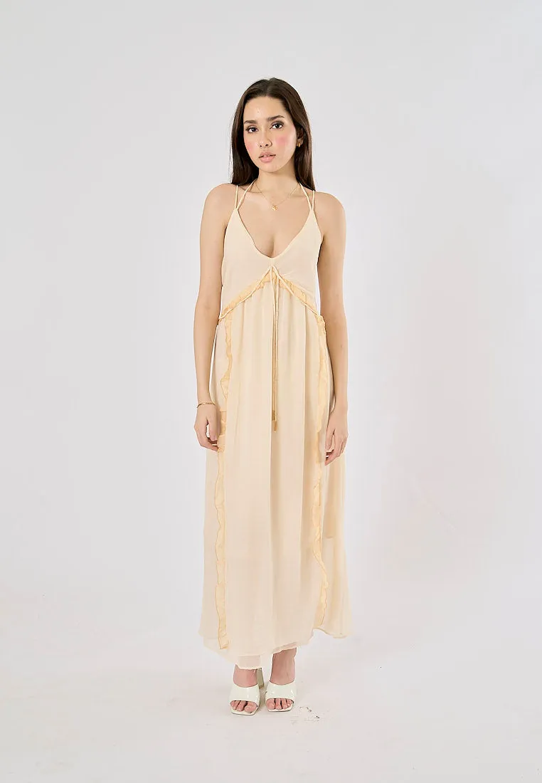 Zeya Beige Halter Sling Contrast Back Hollow Out Midi Dress