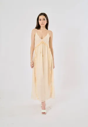 Zeya Beige Halter Sling Contrast Back Hollow Out Midi Dress