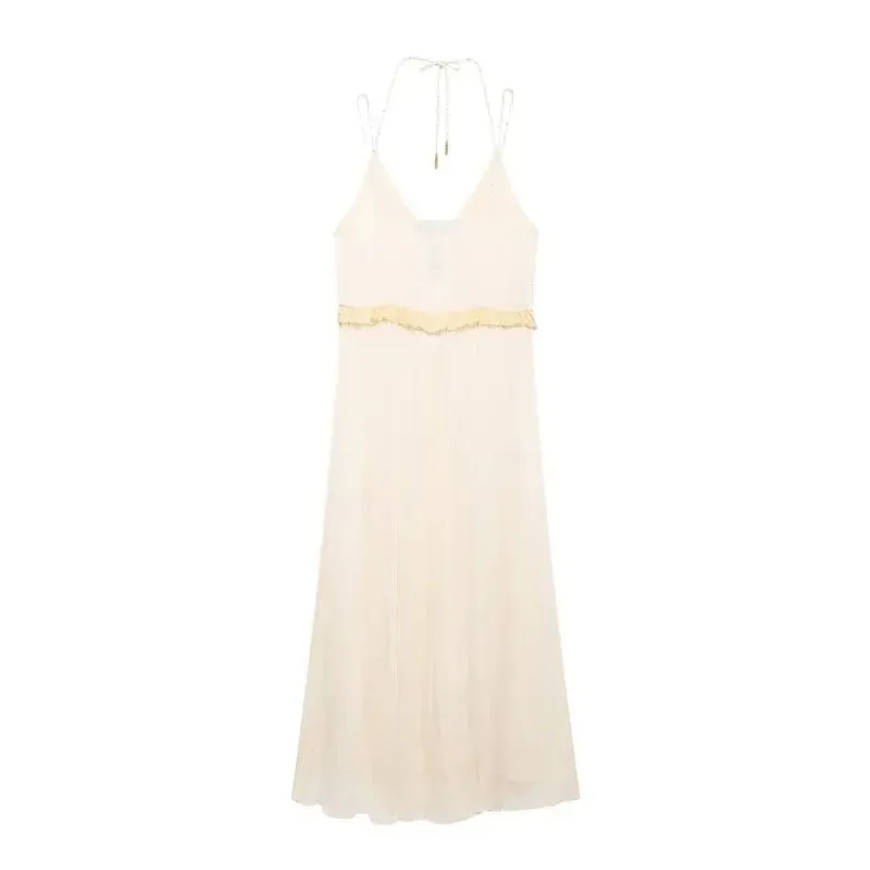 Zeya Beige Halter Sling Contrast Back Hollow Out Midi Dress