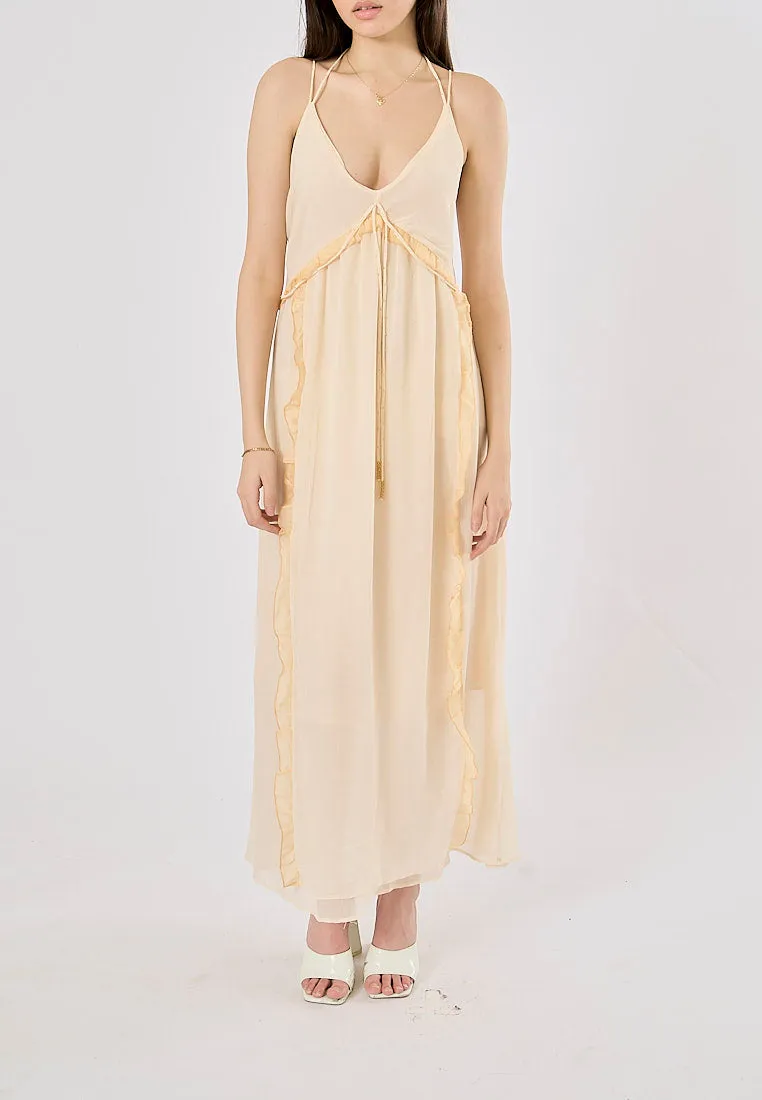 Zeya Beige Halter Sling Contrast Back Hollow Out Midi Dress