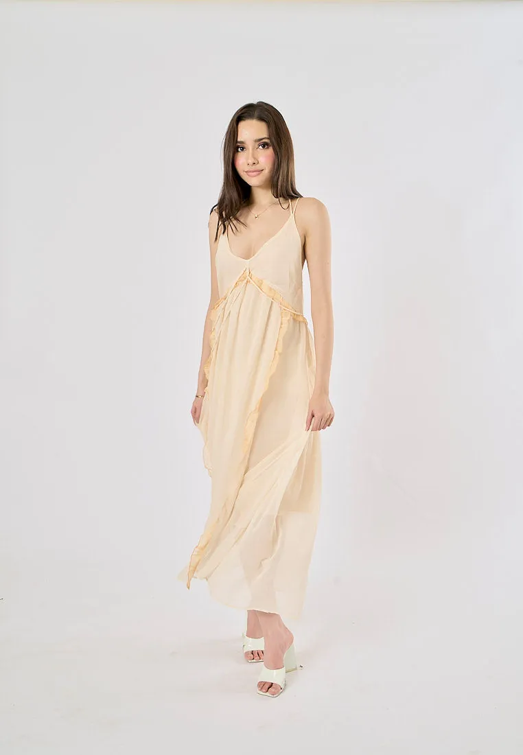 Zeya Beige Halter Sling Contrast Back Hollow Out Midi Dress