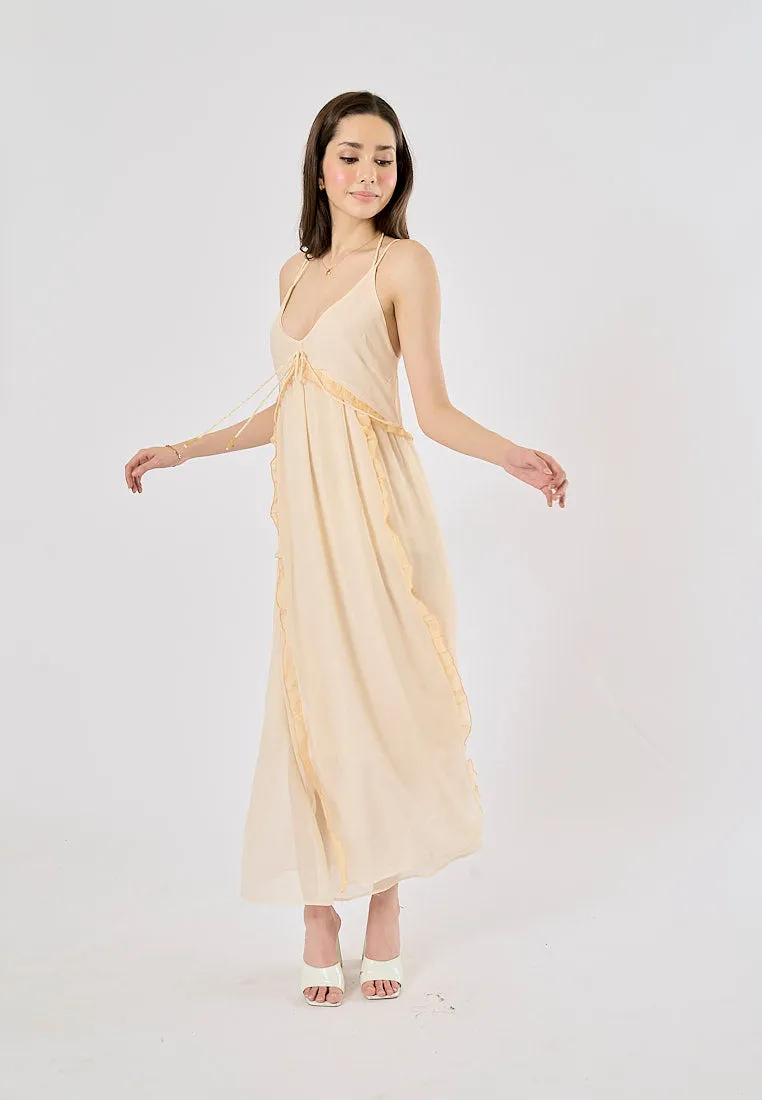 Zeya Beige Halter Sling Contrast Back Hollow Out Midi Dress