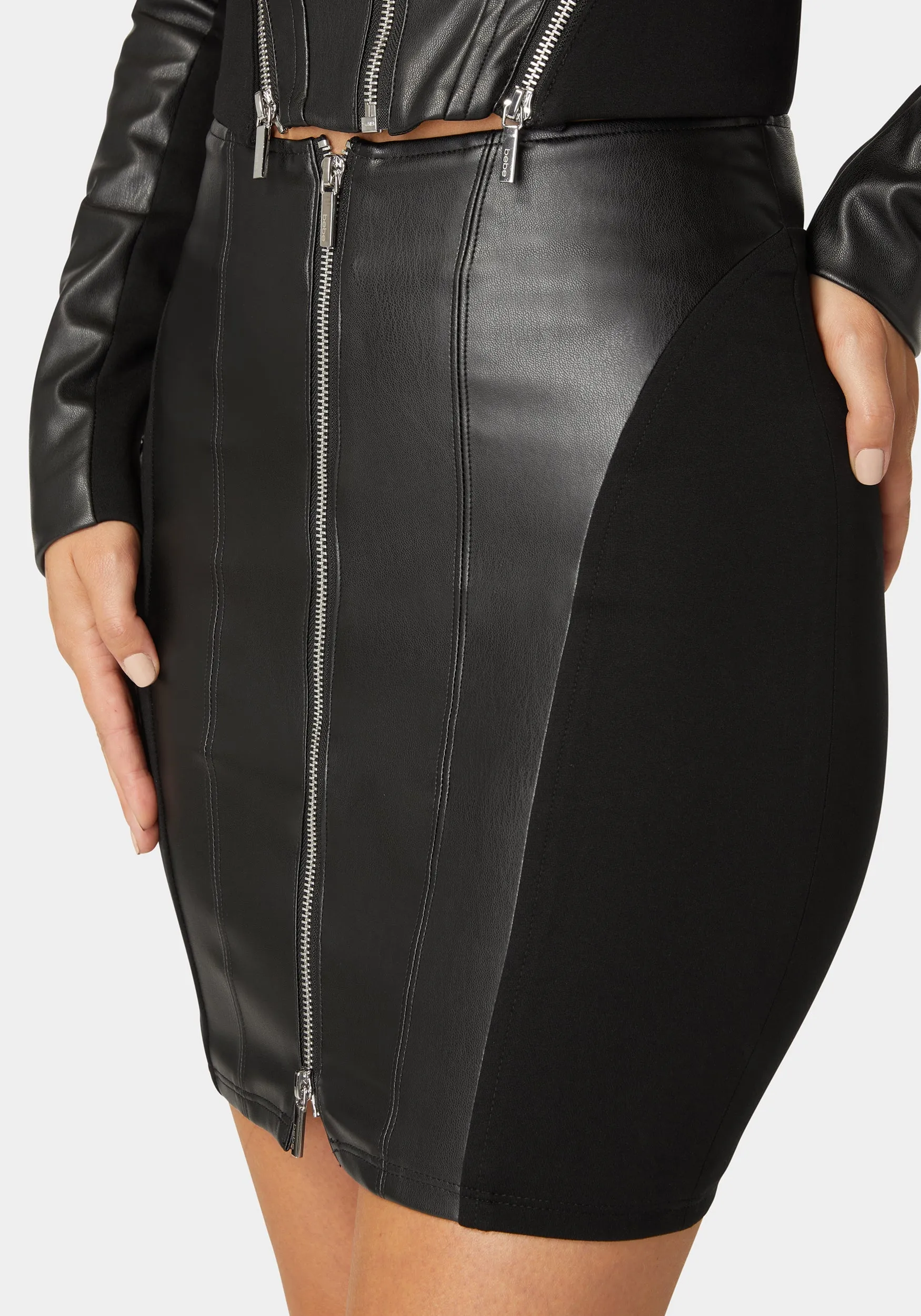 Zip Front Vegan Leather Pdr Combo Skirt
