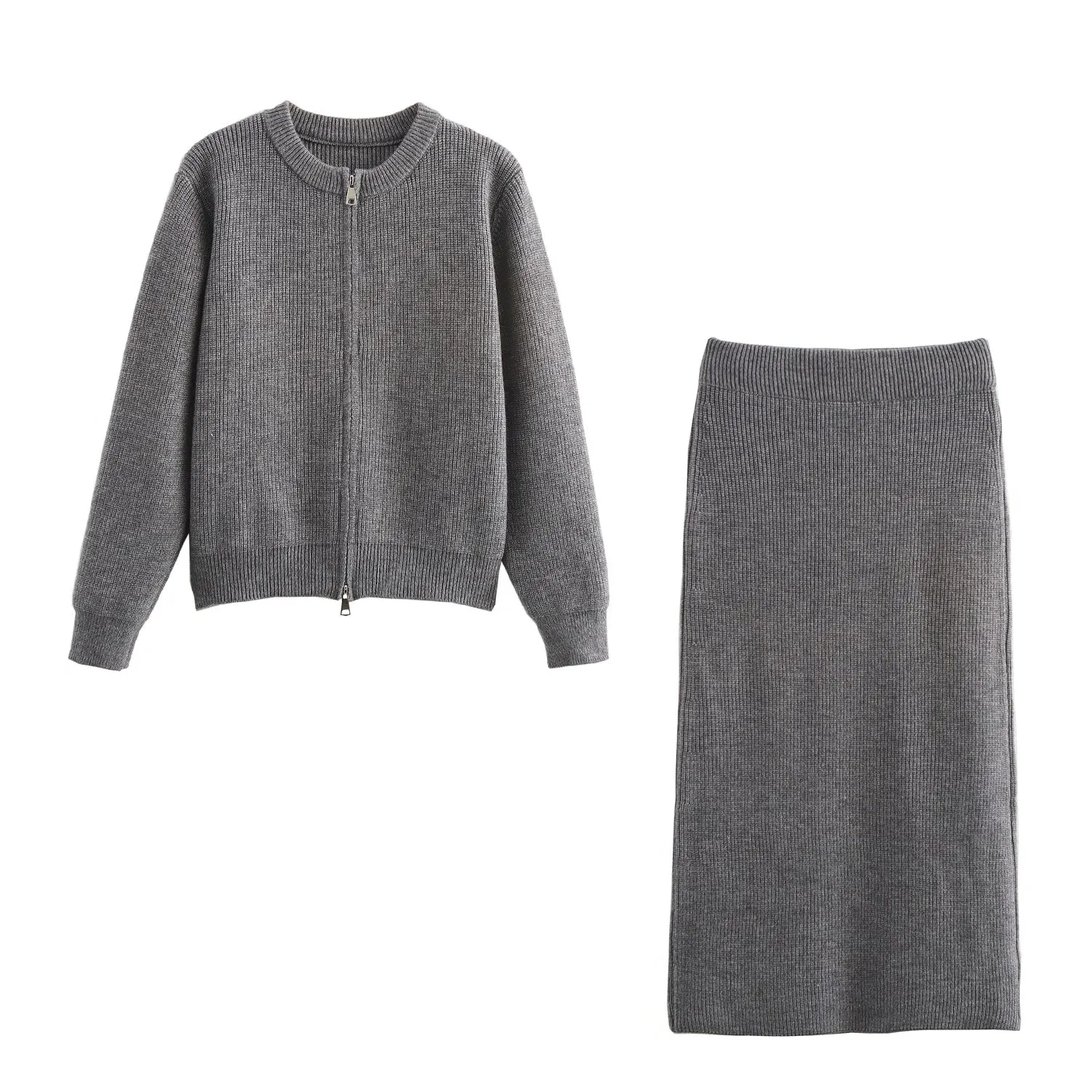 Zip Up Cardigan Sweater and Midi Skirt Set