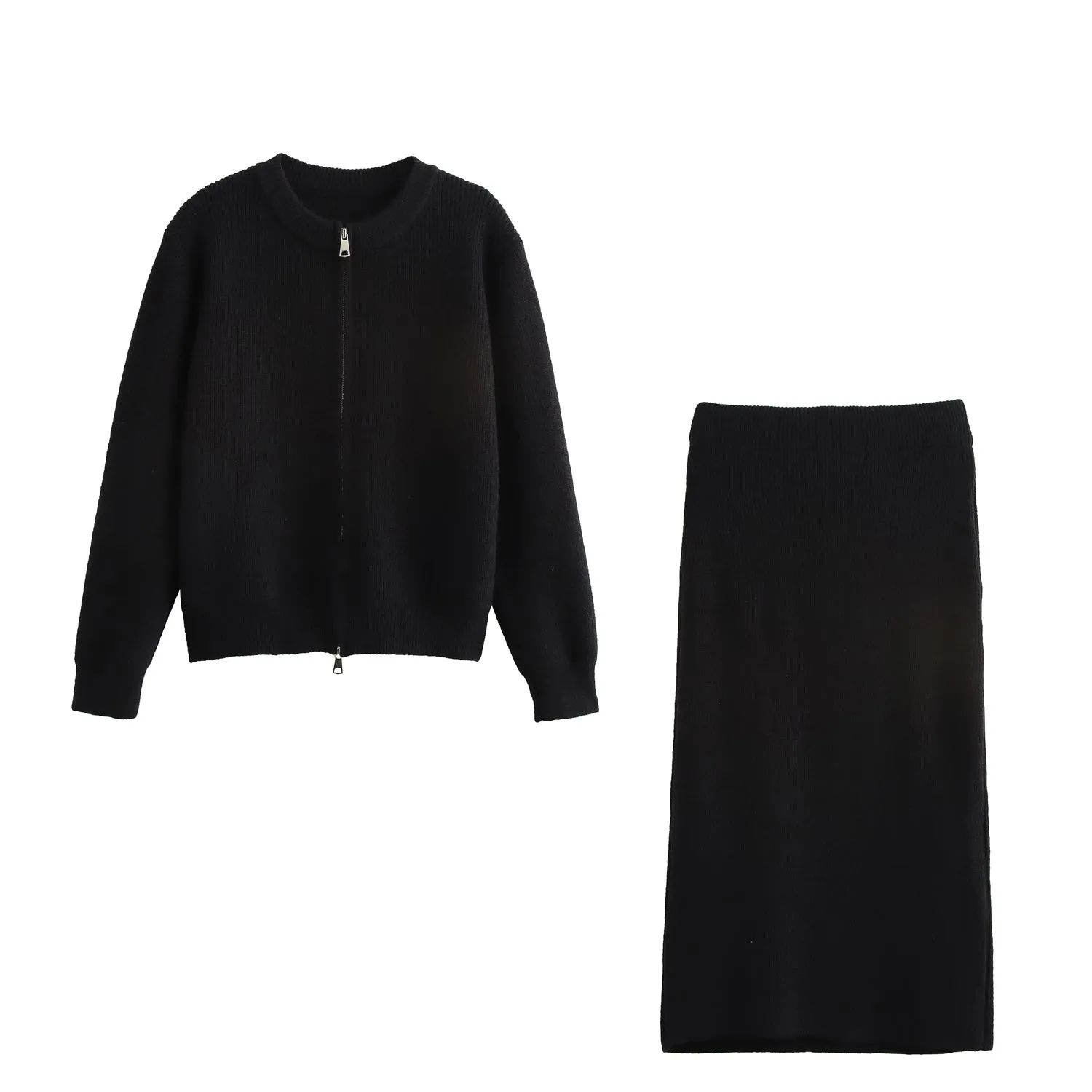 Zip Up Cardigan Sweater and Midi Skirt Set