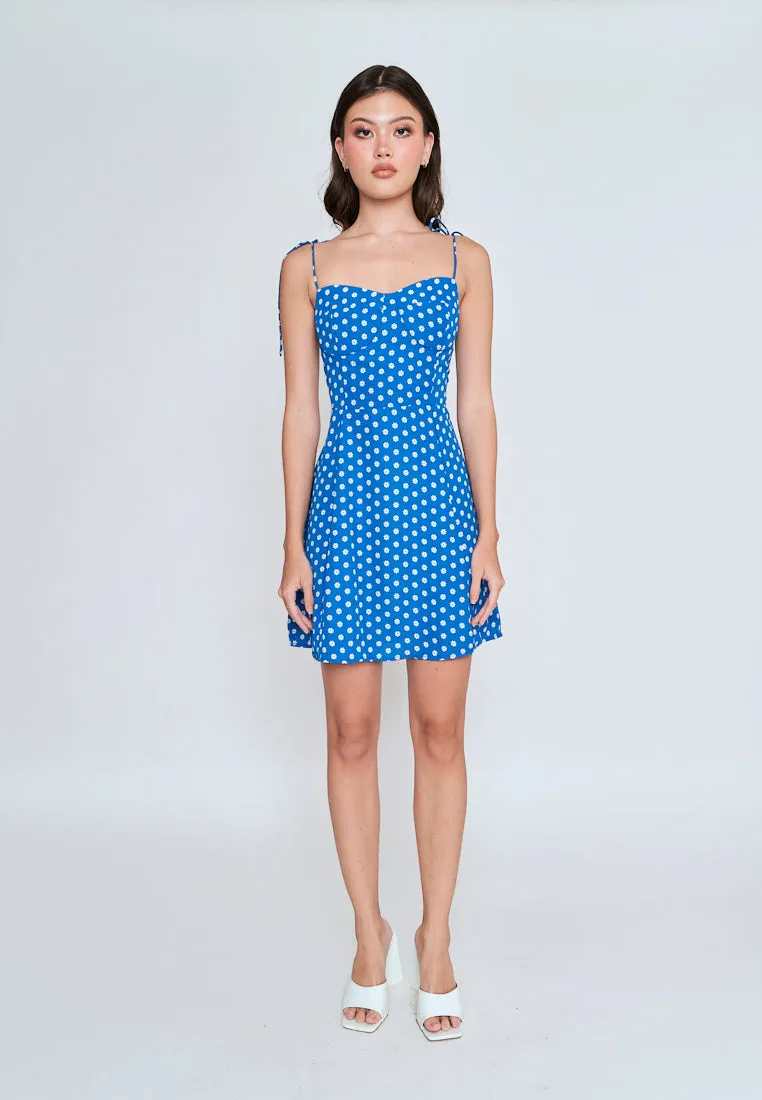 Zora Blue With White Floral All Over Print Self Tie Mini Dress