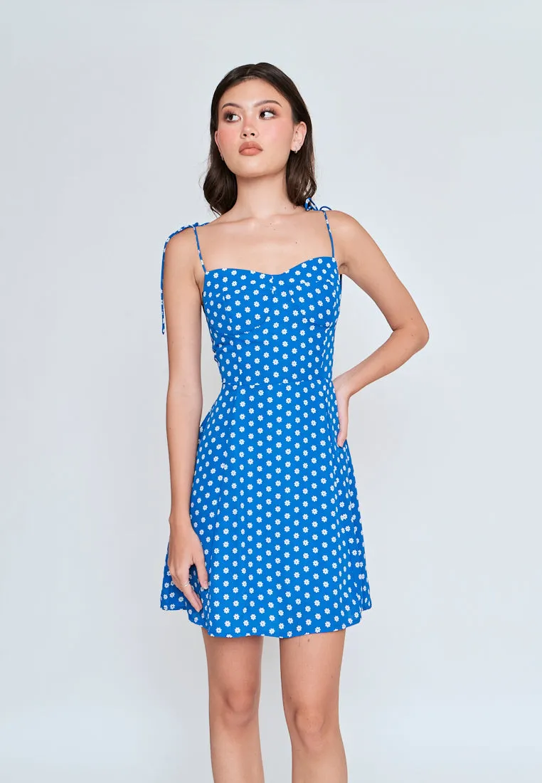 Zora Blue With White Floral All Over Print Self Tie Mini Dress