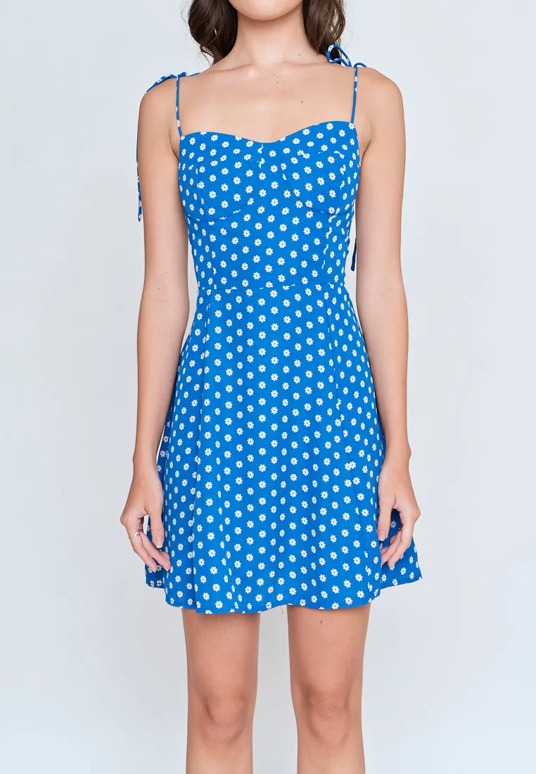 Zora Blue With White Floral All Over Print Self Tie Mini Dress
